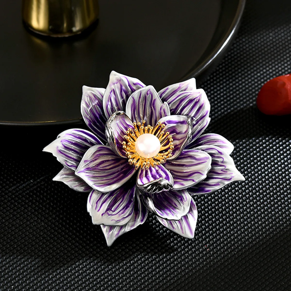 

Artistic Enamel Lotus Brooch with Pearl Inlay, Magnetic Clasp Statement Flower Corsage, Elegant Luxury Brooch for Women