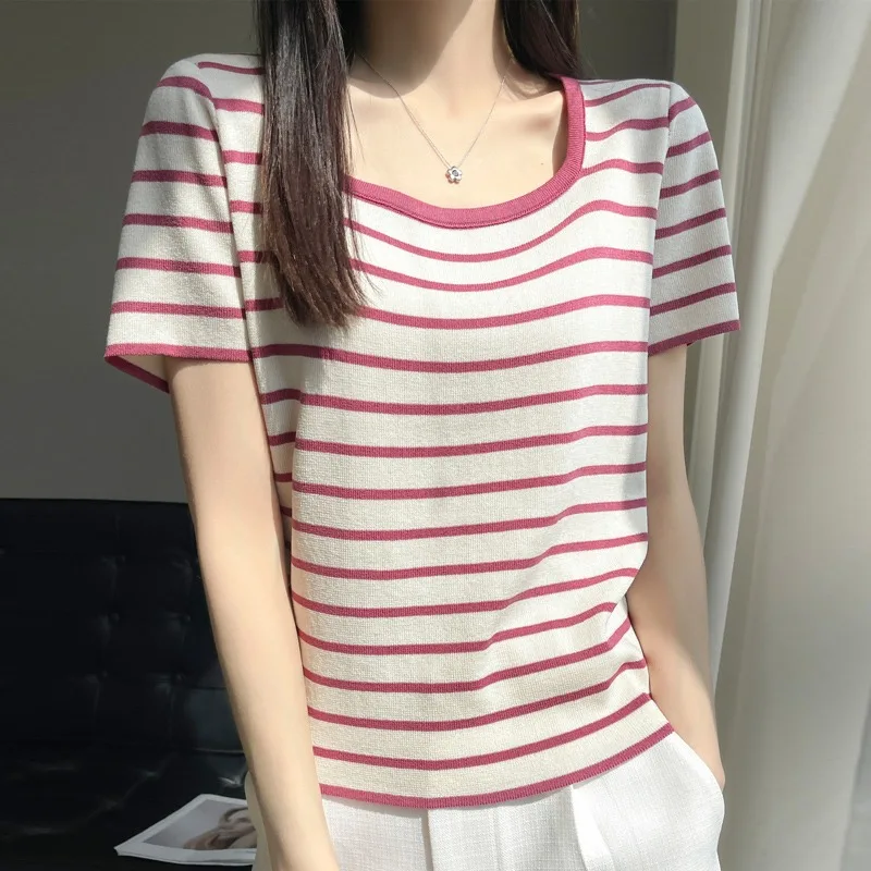 

Новая круглая футболка в полоску из ледяного шелка Ne ort Sve, свободный повседневный топ для похудения, универсальная внутренняя одежда, простой дизайн