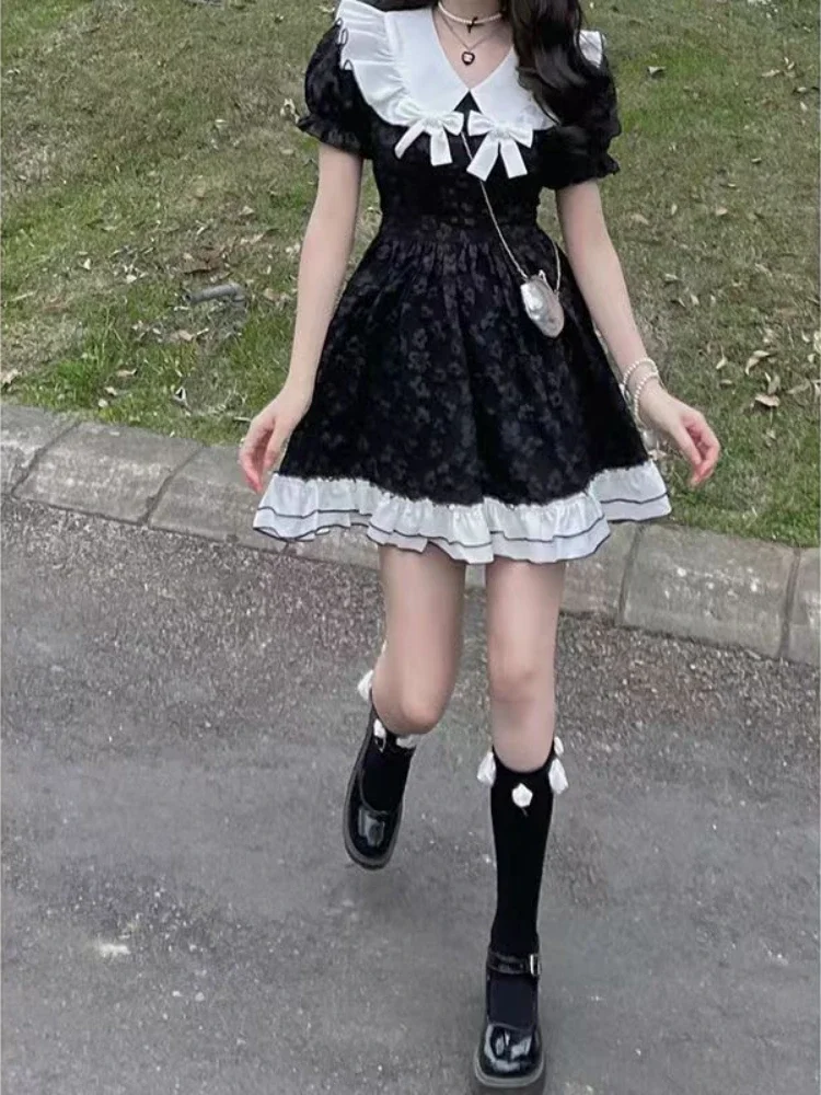 

Женское винтажное платье в стиле «лолита», черное платье с бантом и оборками, готическое мини-платье в стиле «Лолита», Y2k
