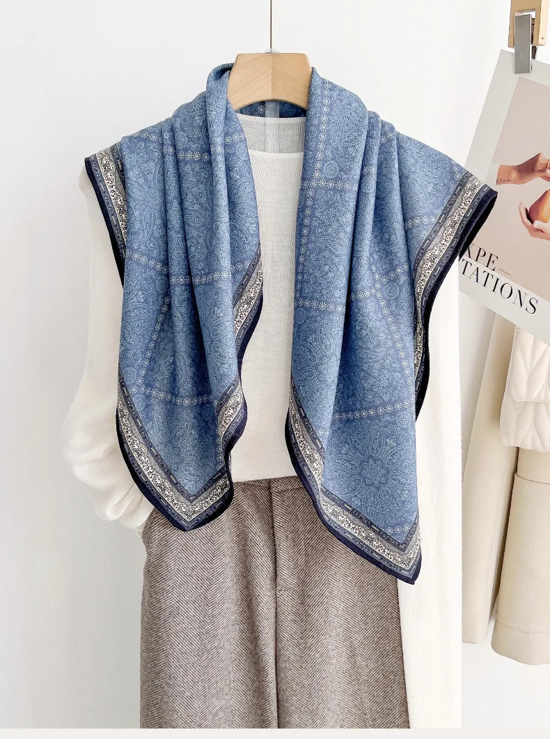 

2026 Luxury brand silk wool elegant womens shawl vintage 70% wool 30% silk blue paisley pattern square scarf gifts for women