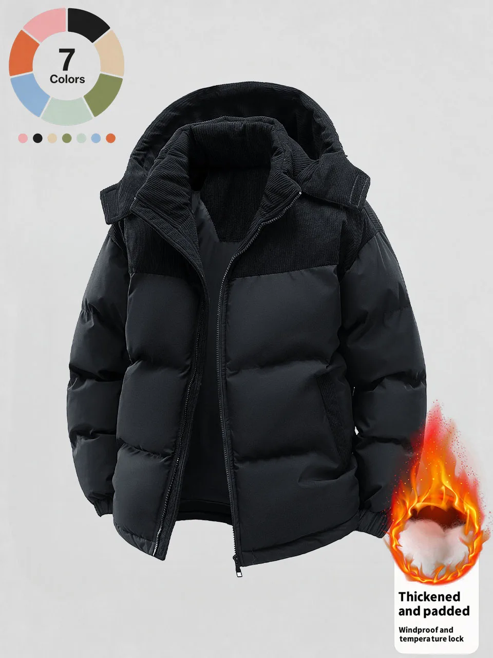 Men's Winter Detachable Hooded Cotton Jacket, Corduroy Color-Blocking Patchwork Cotton Coat, Thick Padded Windproof Loose Outdoor Casual Men's Jacket, Multiple Colors Available