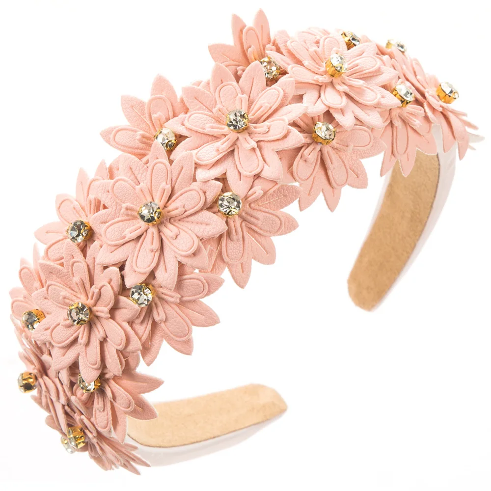 Women Girls pu Leather Flower Rhinestone Hairband Headband Adult Hair Accessories