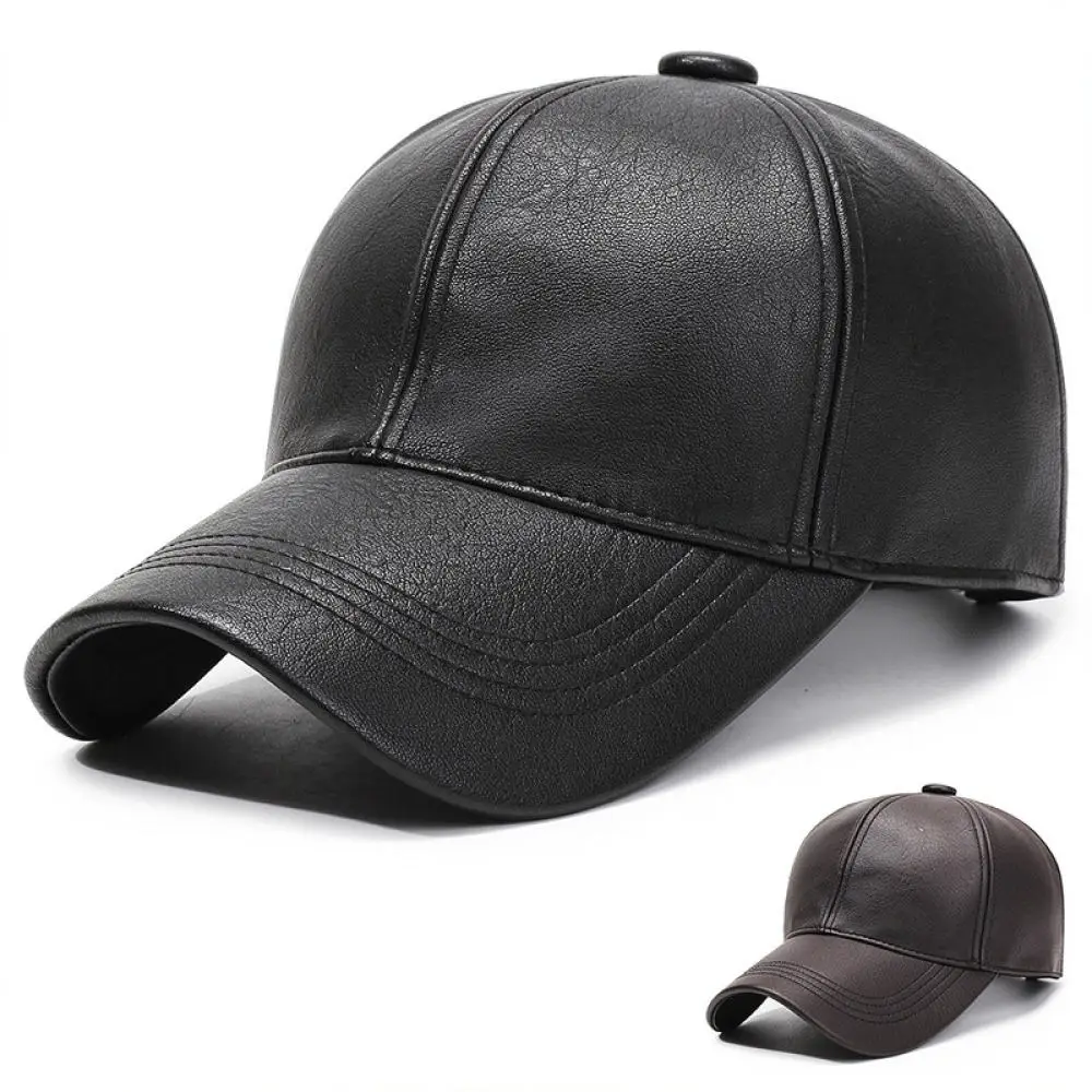 Outdoor Warm Leather Cap Men Winter Fleece Lined Baseball Hat Adjustable PU Leather Solid Color Casual Daily Golf Hats view 5