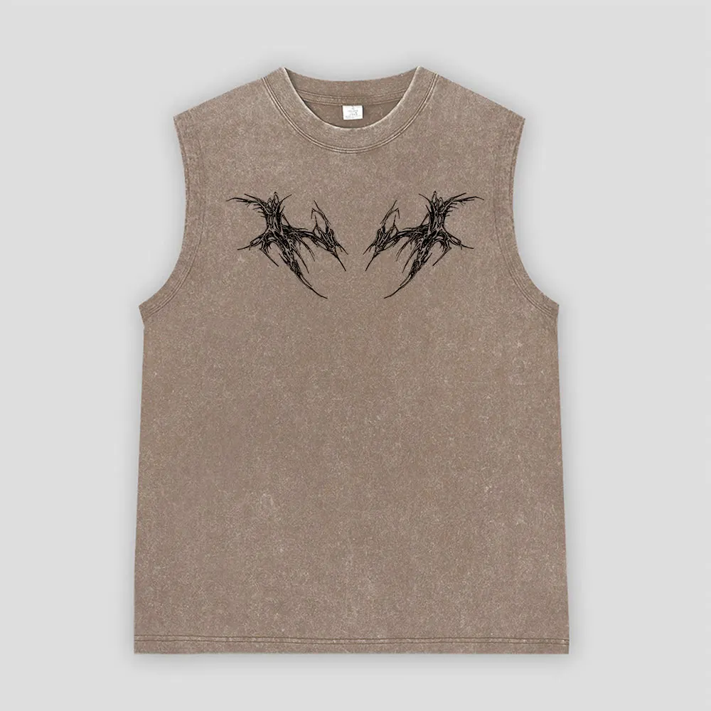 Y2K Gothic Washed Tank Top for Men Abstract Spiky Wing Pattern Oversized Sleeveless Vest Punk Street Casual Wear