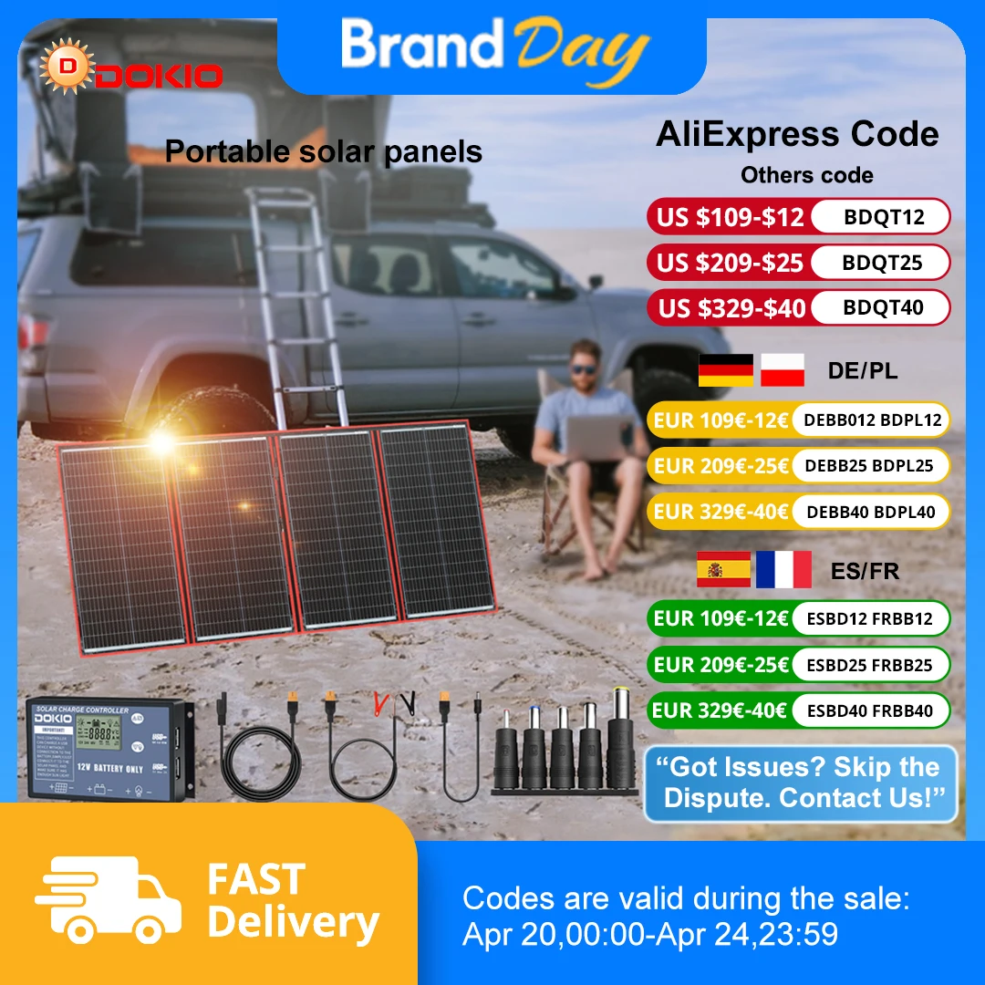 Panneau solaire pliable portable Dokio 300 W 18 V avec contrôleur 12 V adapté aux voyages de camping en famille