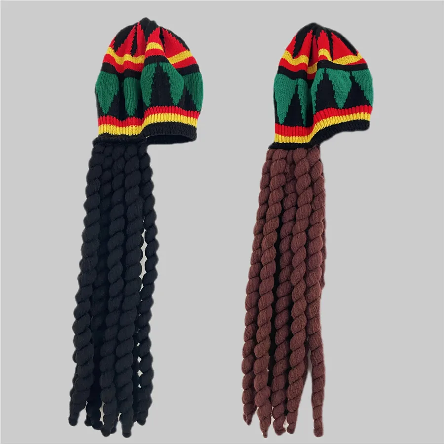 Men Wig Reggae Party Skullies Women Jamaican Rasta Hat with Dreadlocks Knit Striped Beanies Funny Cosplay Crochet Halloween Hat