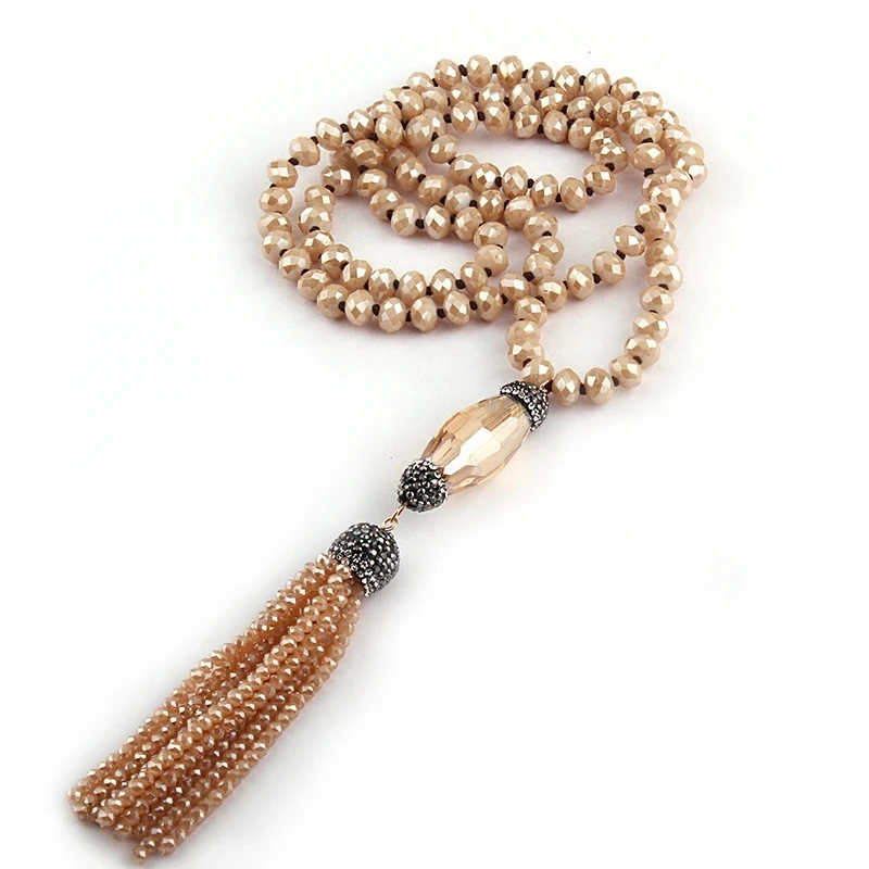 Fashion Bohemian Jewelry 8mm Grey Crystal Glass Knotted Handmake Paved Crystal Tubes Tassel Long Necklace Women