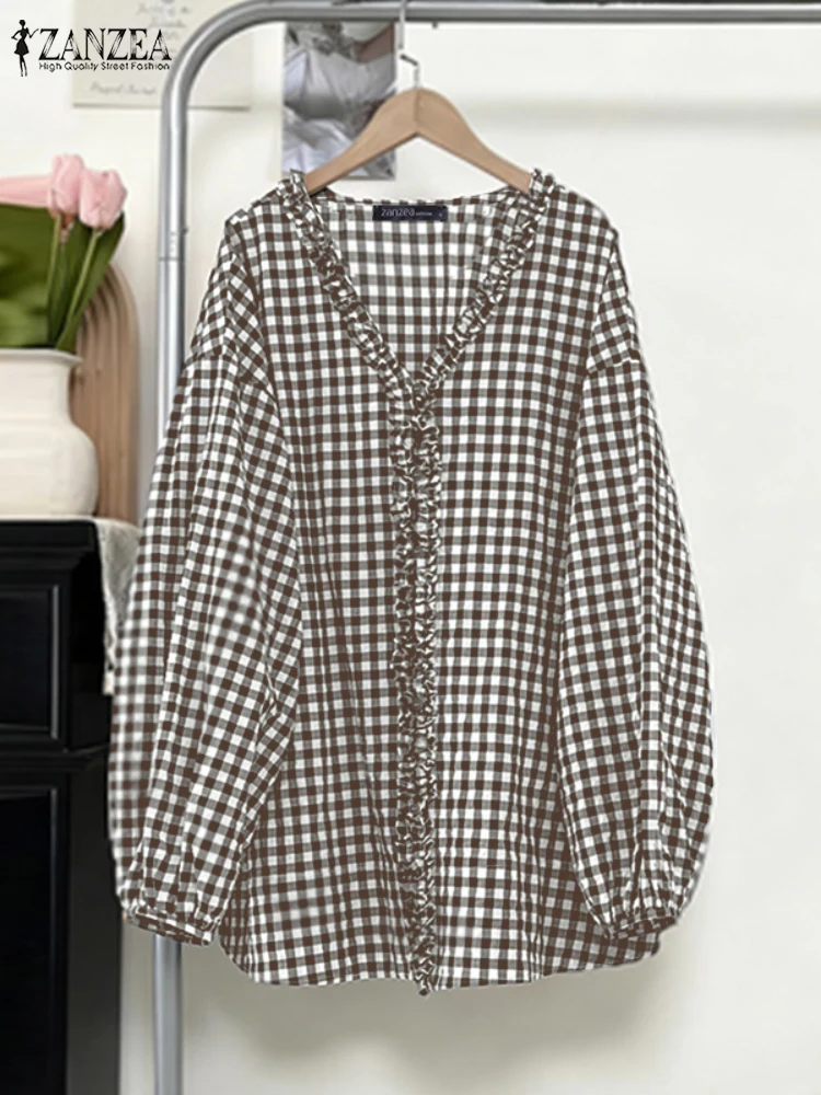 بلوزة خريفية من ZANZEA لعام 2025 بلوزات نسائية منقوشة بأكمام طويلة ورقبة على شكل V قميص عمل مكشكش قميص فضفاض غير رسمي Mujer فام