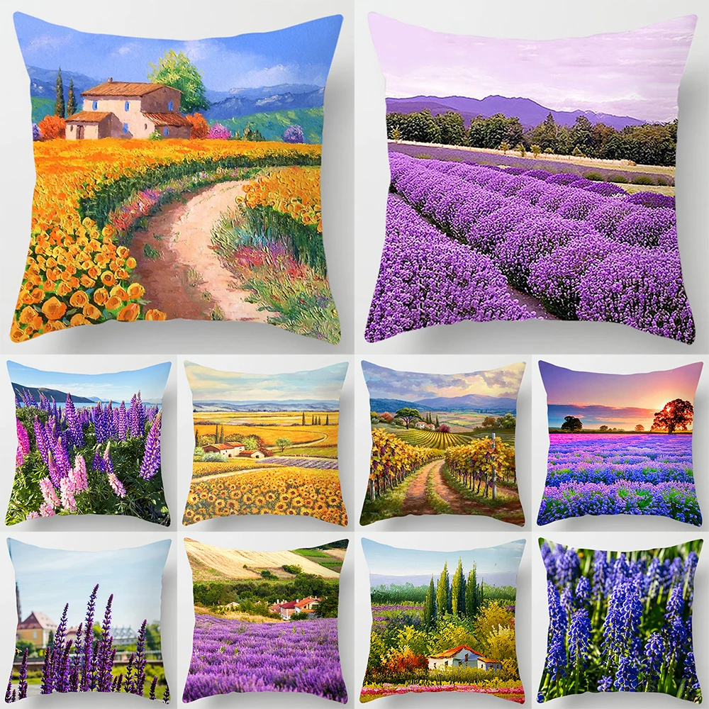 Lavender sunflower printed pattern square cushion cover for home living room sofa car decoration throw pillow pillowcase