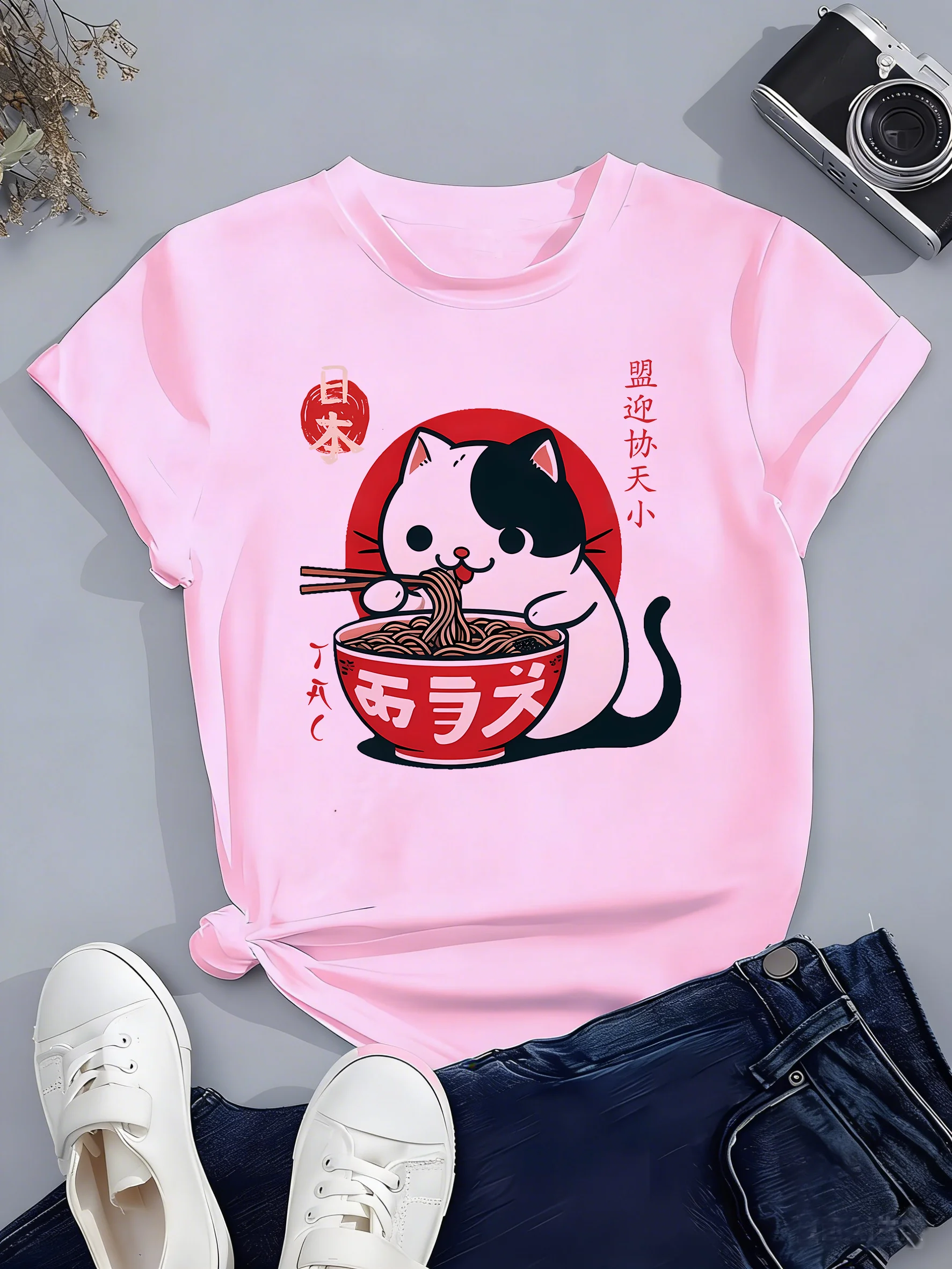 T-shirts met Japanse stijl 'Kat eet ramen' ontwerp, manga kinder T-shirts voor jongens en meisjes, zomer lente casual top tee