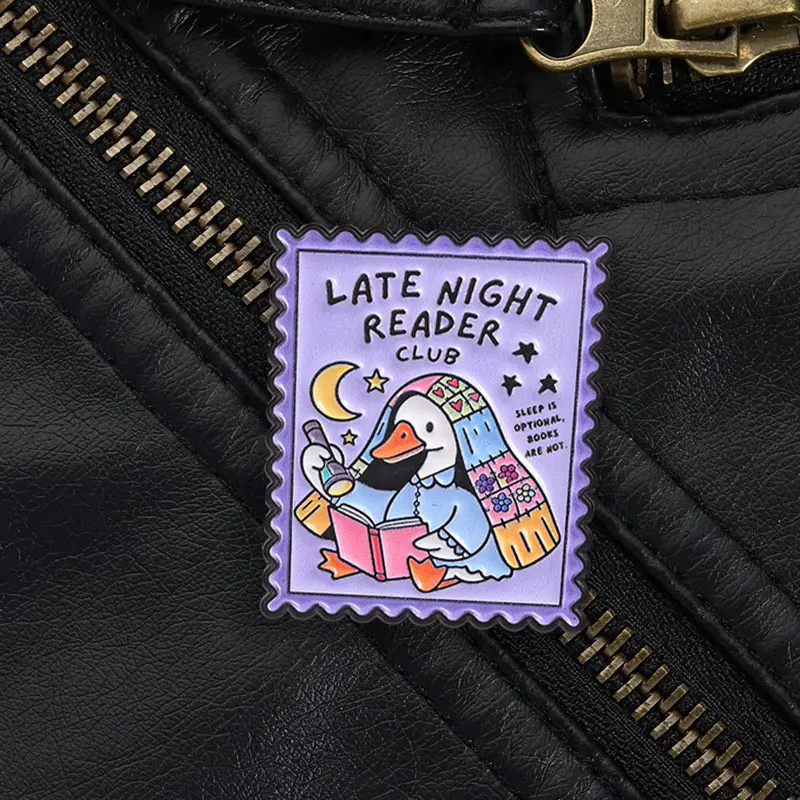 Vintage Stamp Late Night Reader Club Enamel Pin Cute Duck Reading Brooch for Bookworms and Students Library Style