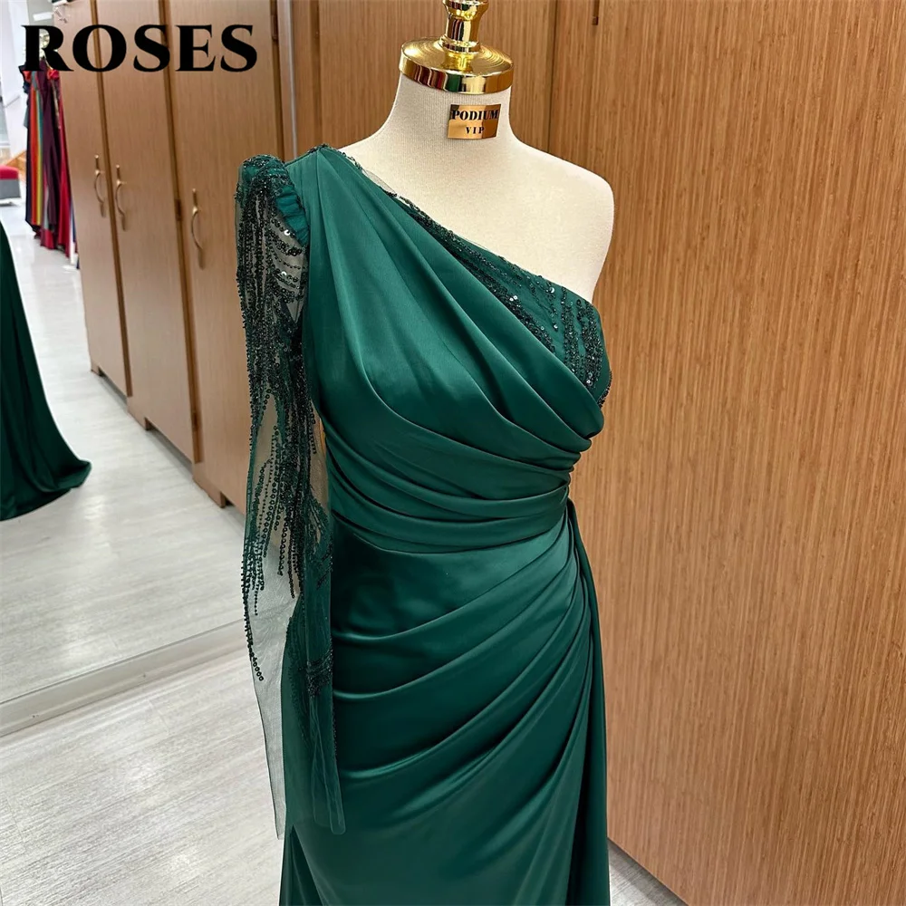 Rosen grün Abendkleid One-Shoulder Meerjungfrau Ballkleid mit Falte Pailletten Spitze Party kleid Satin bodenlang فستان س카رة