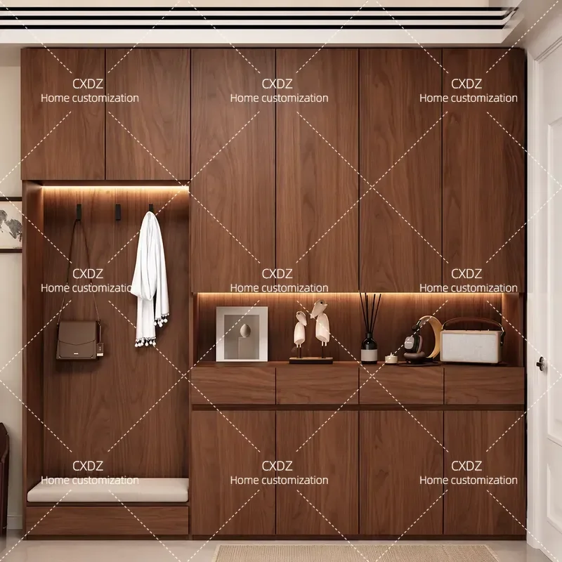 Walnut Solid Wood Shoe Cabinet Floor to Ceiling Wall Mounted Entryway Storage Unit Log Color Living Room Hallway Organizer
