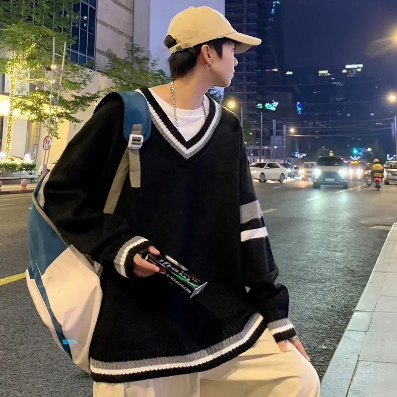 

Autumn Winter Men's Sweater V-neck Design Lazy Wind Striped Cuff Design Men Comfortable and Warm Can Wear Sweater Men