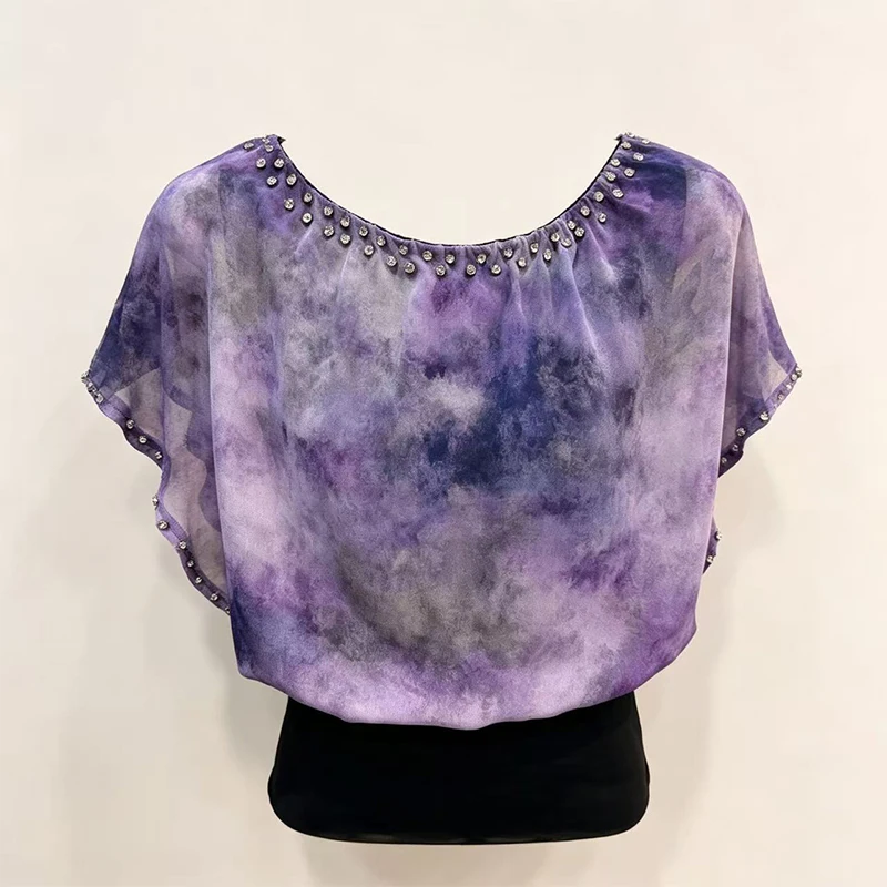 

MadBlack-Women European Shirt, Sexy O Neck Print Beading, Clubwear Short Sleeve Loose Thin Chiffon Blouse, 2026 Summer T66836CC
