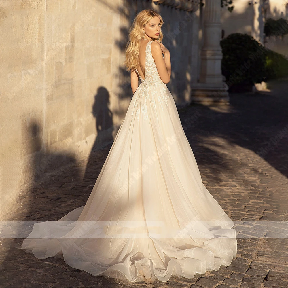 Eleganti abiti da donna da sposa a-line Sexy scollo a v profondo senza maniche abiti da sposa principessa splendido pallone da spiaggia Vestidos De Novia 2024