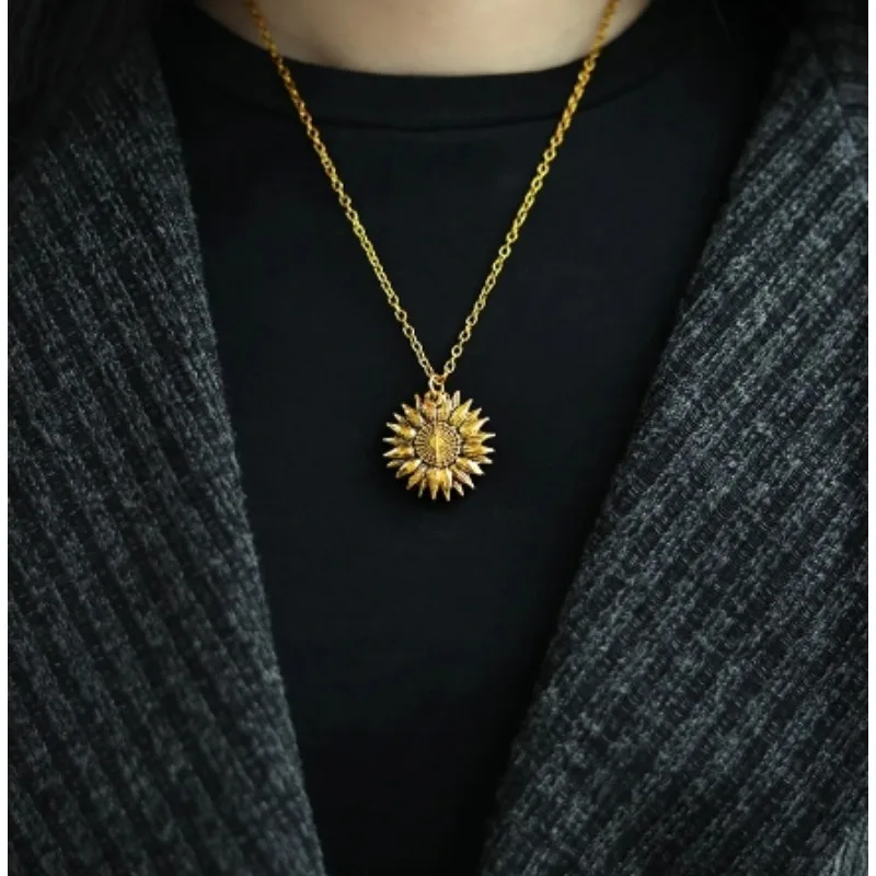 Sunflower Necklace Double-layer Engraved Can Be Opened and Closed Pendant for Women Gold Color Daisy Choker Necklaces Jewelry