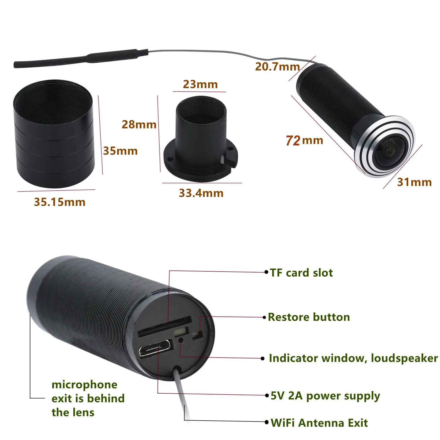 ความปลอดภัย 1080P Mini Wifi ประตู Eye Hole กล้อง IP มุมกว้าง FishEye เลนส์ 1.66 มม.Peephole กล้องวงจรปิดเครือข่ายเสียงฮอร์น P2P Onvif Tuya