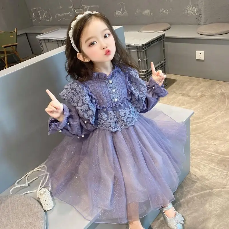 تنورة الأميرة الجديدة من الدانتيل لربيع 2025 للفتيات، الطبعة الكورية، فستان على الطراز الغربي، ملابس أطفال، ملابس عصرية من الجيل #1