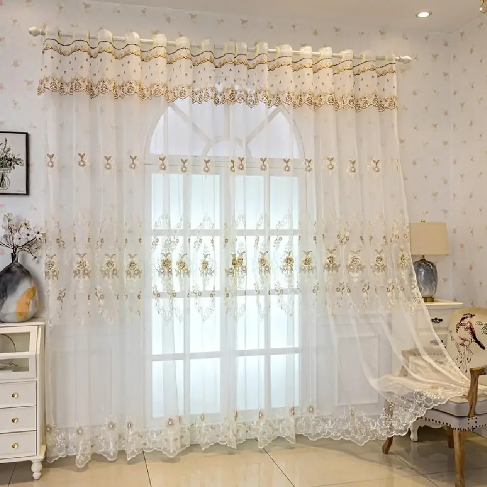 1 Panel Luxury European Flower Sheer Curtain for Living Room Bedroom Bead Floral Shaped Embroidered Curtain with Valance