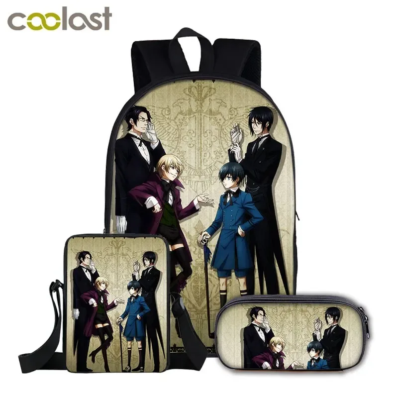 3D Print School Bags for Laptop, Harajuku, Japan, Black Butler, Backpack, Backpack, Tilt Shoulder Bag, Pencil Case, 3 Pieces per