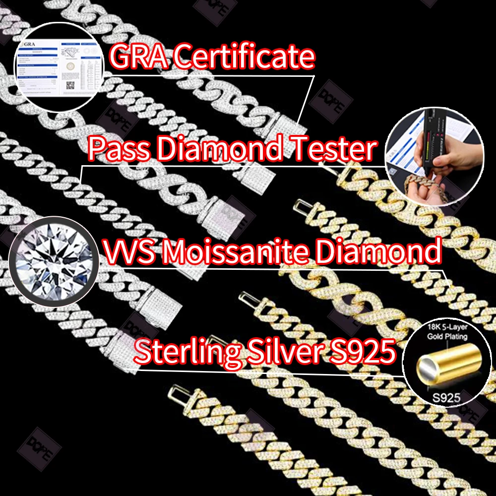 Hiphop 12mm Cuban Link Chain Iced Out Rose Gold Heart Charm 925 Silver VVS Moissanite Cuban Chain.