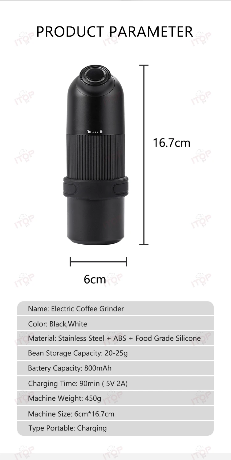 ITOP Portable Charging Coffee Grinder 20-25g batteria di accumulo 800mAh USB 5V 2A tipo di ricarica CStainless Steel Burr