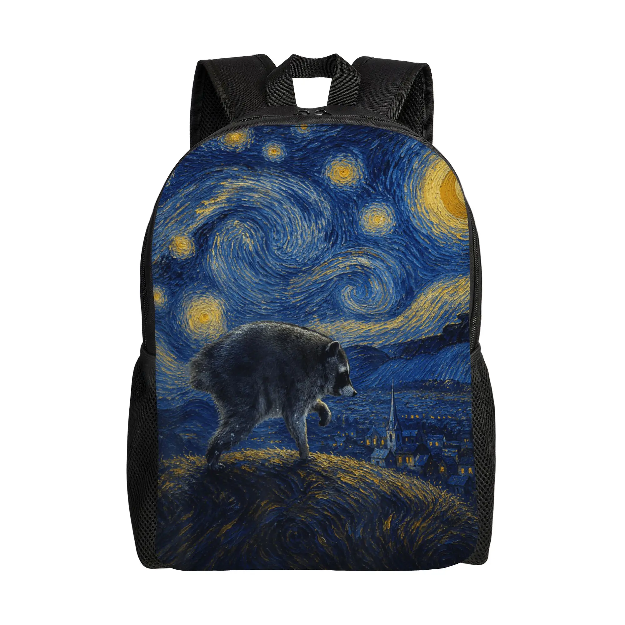 Jimothy Raccoon Starry Night Van Gogh Art Backpack  Women Men Polyester Travel Backpacks Soft Novelty High School Bags Rucksack