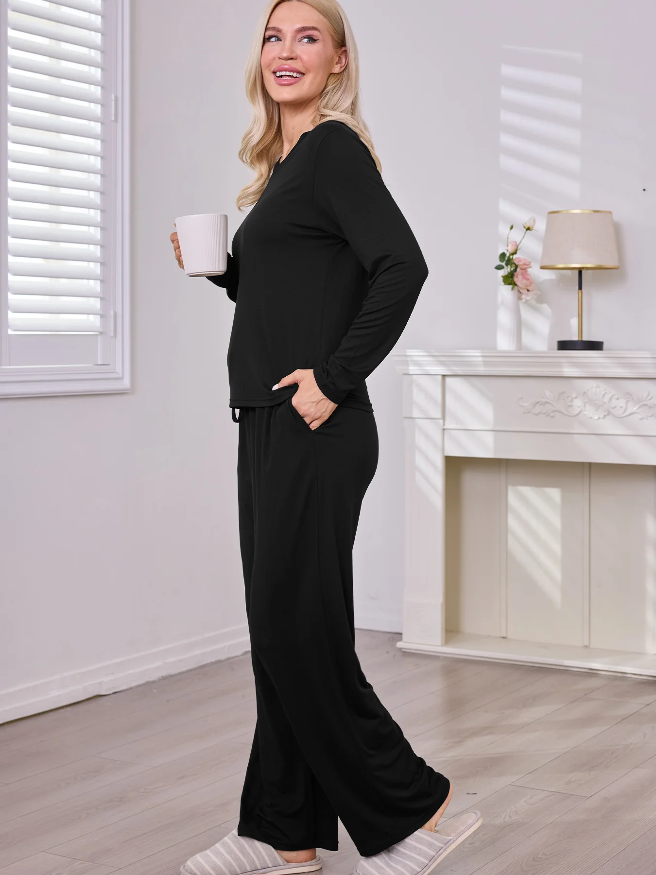 여성용 슈퍼 소프트 브이넥 파자마 세트