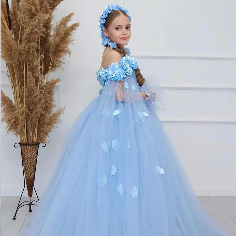 Girl Communion Dress Children Wedding Bridesmaid Dresses with shawl Kids Tulle Blue Ball Gown Girls Pageant Performance Vestidos