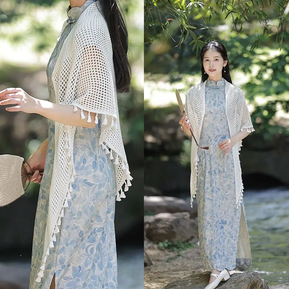 

Trendy Tassel Long Knitted Shawl Hollow Out Simple Open Cardigan Elegant Chinese Style Sunscreen Outerwear Spring Autumn