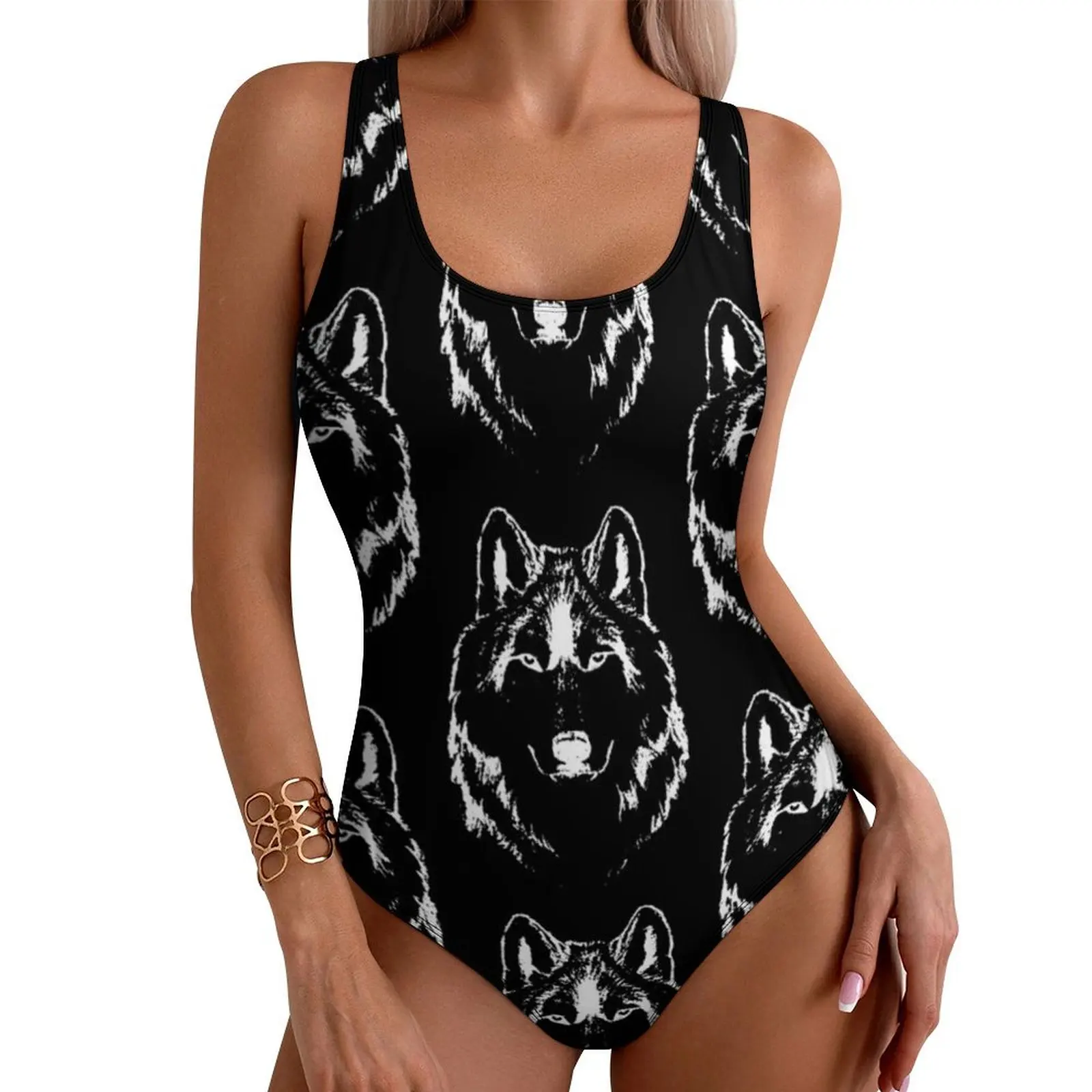 

Funky Wolf Face Head Swimsuit Sexy Black And White Women Swimwear One Piece Classic Swimsuits Holiday Push Up High Cut Monokini