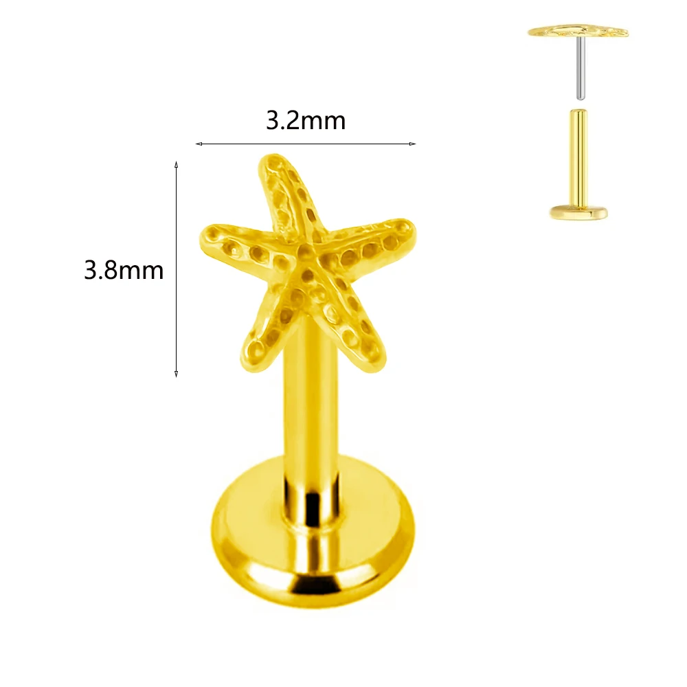 ASTM F136 G23 Titanium Labret Piercing Starfish Earring Stud Bee Leaf Push In CZ Threadless Cartilage 16/18/20G Body Jewelry