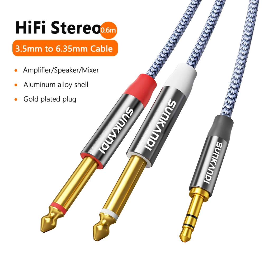 SUNKANDI 3.5mm naar Dubbele 6.5mm TRS Kabel AUX Adapter Audio Kabel 6.5 Jack naar Stereo 3.5 Jack voor Mixer Versterker 6.35mm Adapter