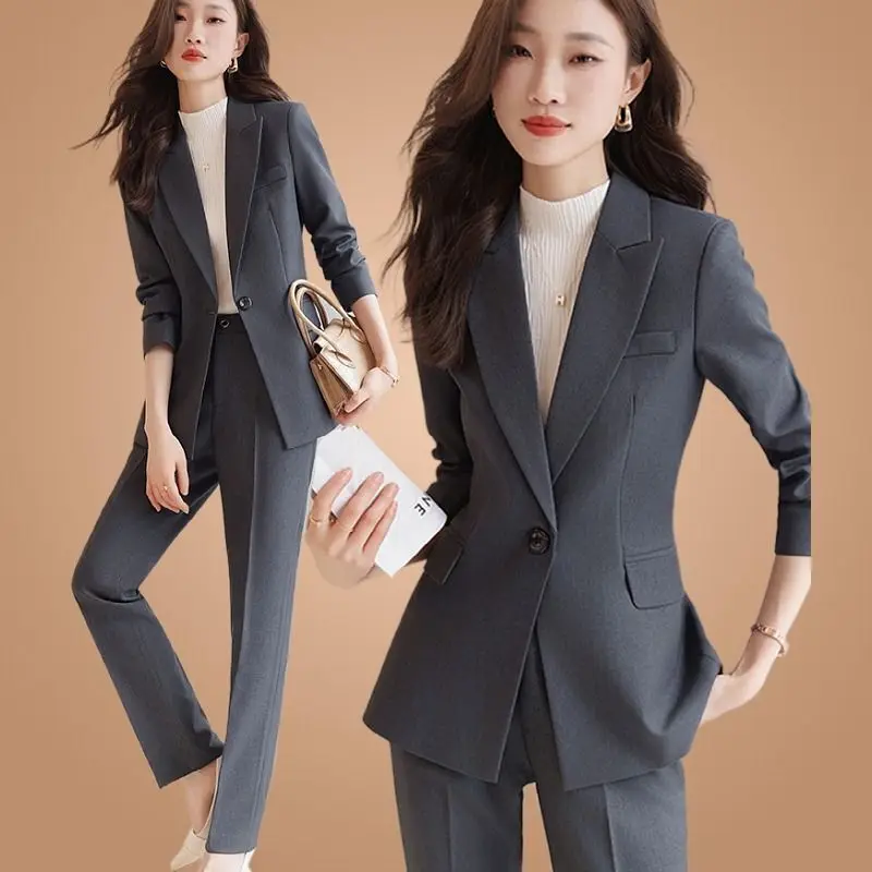

Grey Suit For Female Autumn College Students Professional Attire Servant Interviews Formal Attire Small Suit Jacket Women Sets