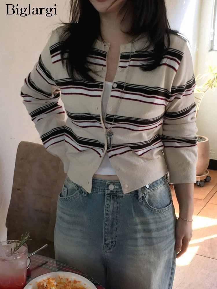 

Вязаный осенний кардиган, женский полосатый принт, модный сексуальный тонкий облегающий женский укороченный кардиган, повседневный женский свитер, пальто
