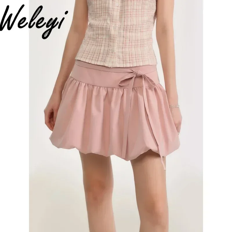 

French Style Girl Ballet Bow Flower Bud Skirts Women Summer Clothes Streetwear New Bubble Short Skirt Pink Dopamine Elegant Jupe