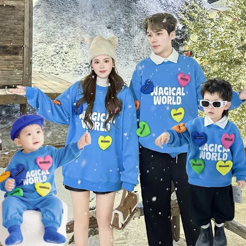 Family Matching Mother Daughter Baby Tops Sweatshirt with 3D Heart Embroidered Fleece Lined Warm Winter Outfit for Photo Gift