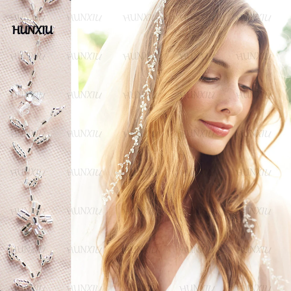 HUNXIU – voile De mariage à une couche De perles, paillettes brillantes pour mariée, Tulle classique, bord perlé romantique, accessoire De mariée, Velos De Novia