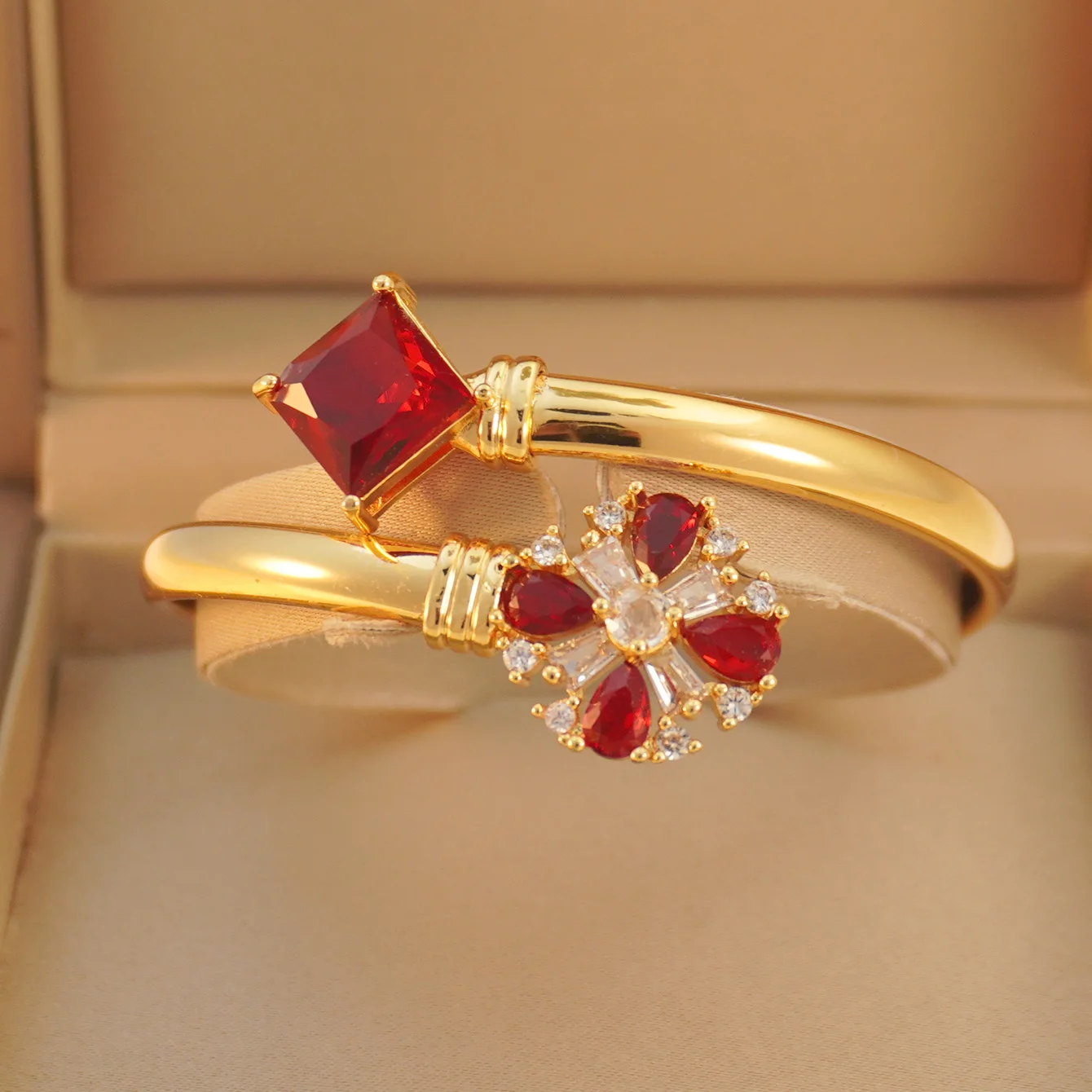Luxury Red CZ Flower Inlaid Gold Bangle Non Tarnish Open Cuff Bracelet For Ladies Banquet Daily Wear