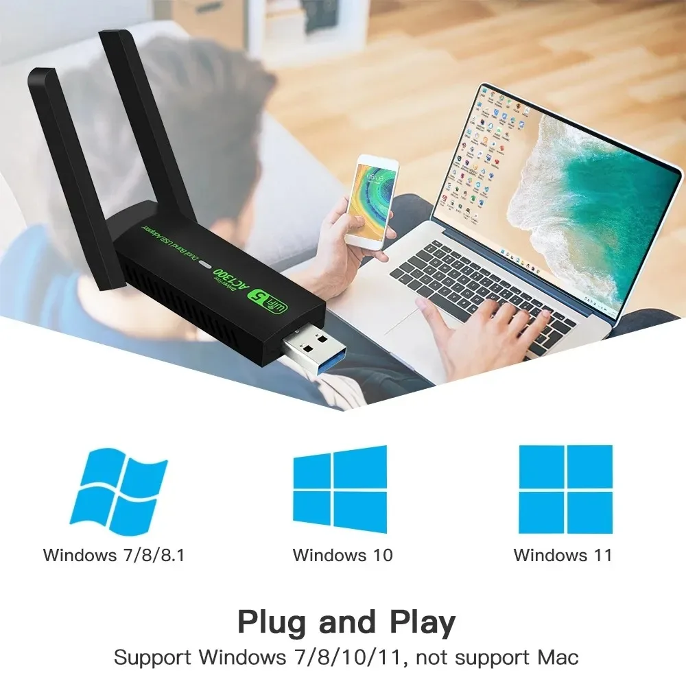 1300Mbps USB WiFi Adapter AC1300 WiFi 5 Ethernet Network Card Dual Band 5G 2.4G USB3.0 WiFi Dongle for PC Laptop WiFi Receiver