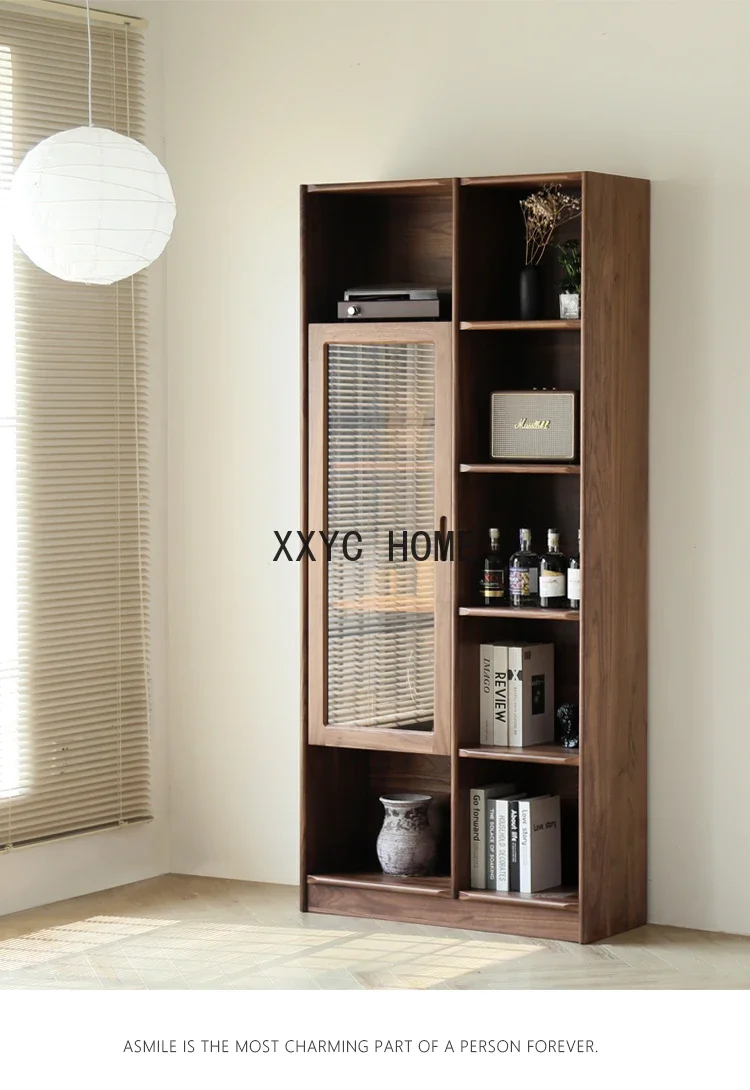 

Black Walnut Solid Wood Bookcase Bookshelf Floor Modern Simplicity with American Style Glass Door Storage with
