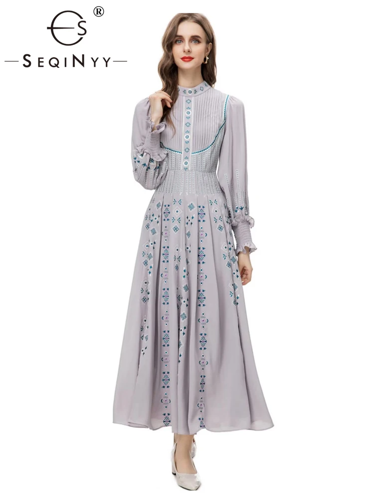 

SEQINYY Elegant Long Dress Summer Spring New Fashion Design Women Runway High Quality Ruffles Embroidery Flower Pleated Casual