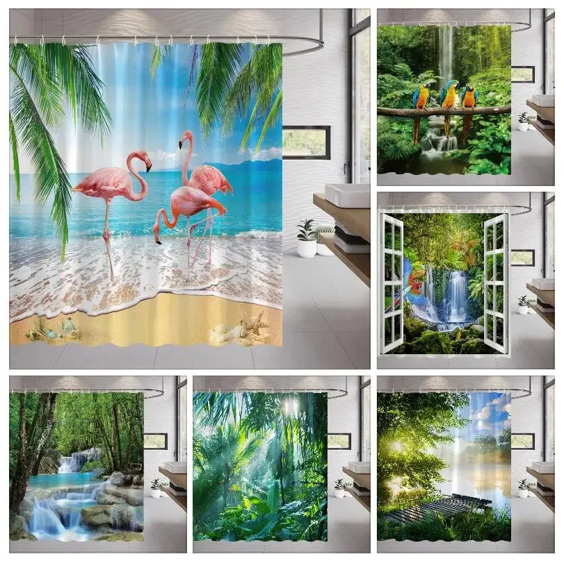 Outdoor Shower Curtain Palm Tree Forest Landscape Shower Curtains Tropical Parrot Flamingo Plant Hanging Curtain Bathroom Decor