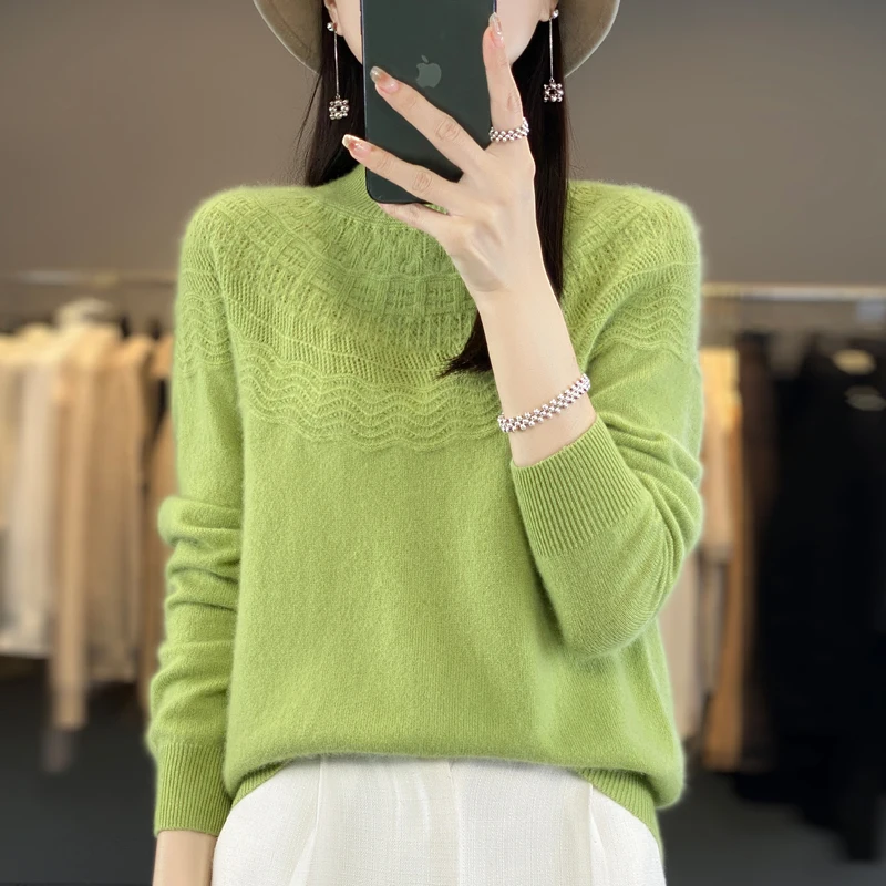 2024 female 100% pure wool sweater loose and exquisite O-neck coat fashion casual French pullover sweater