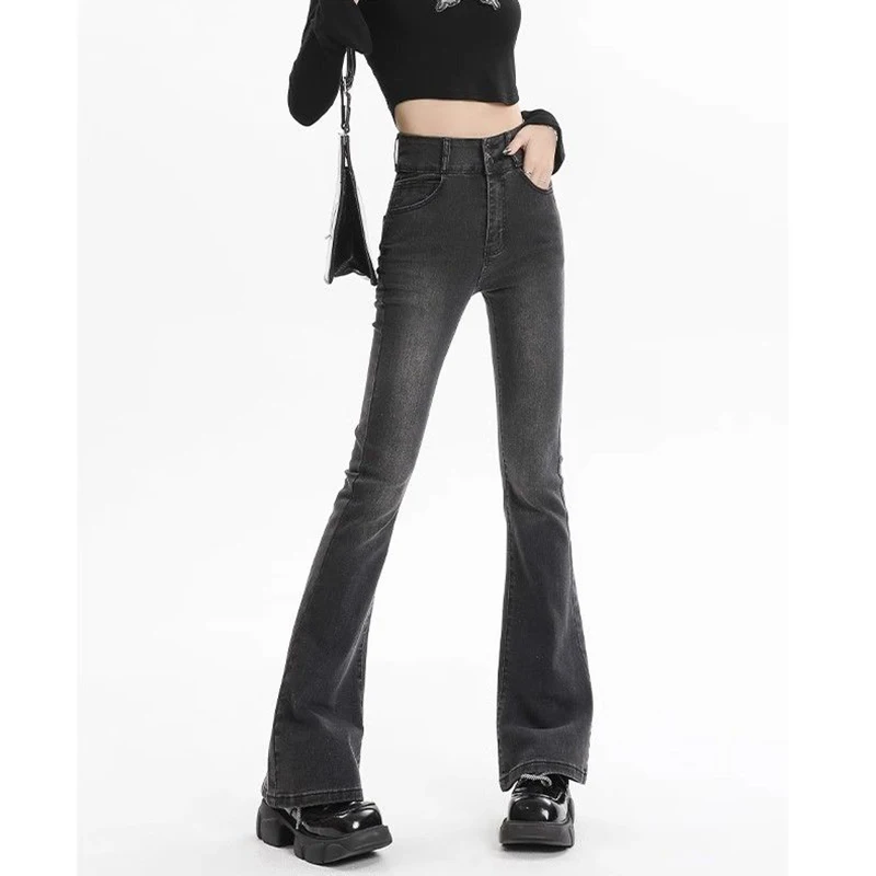 Women Smoke Gray Double Button Flared Jeans Lady Classic Korean Thin Solid Pants Female High Waist Casual Denim Trousers