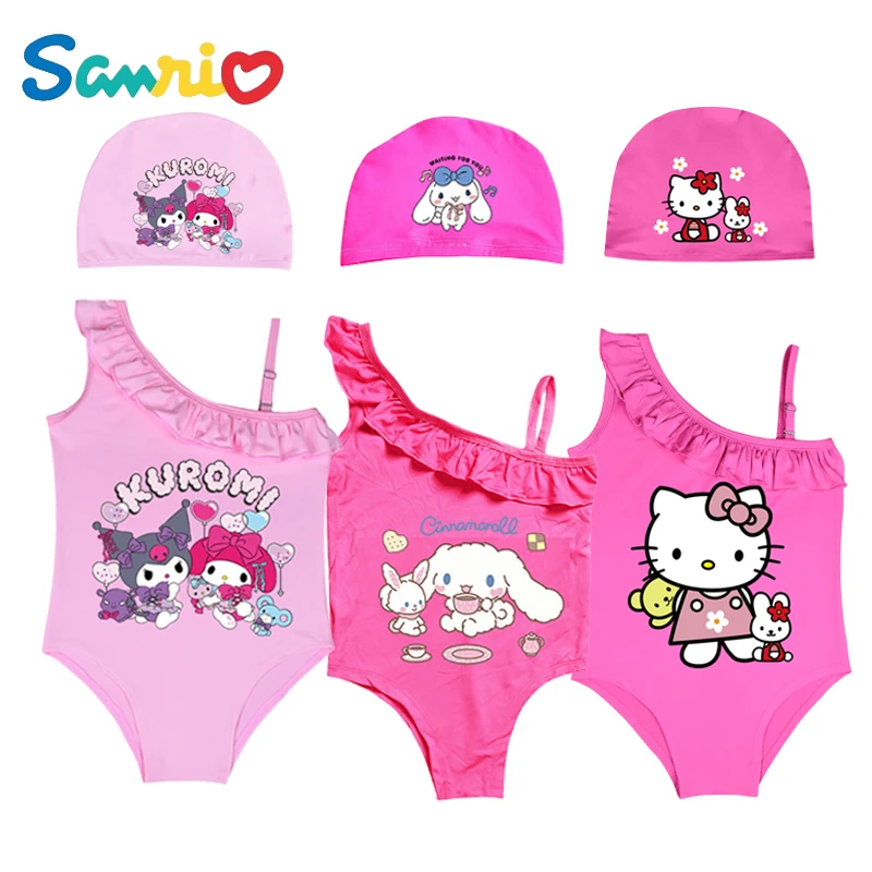 

Anime Sanrios Hellokittys My Melody Cinnamoroll Kuromi Kawaii Dopamine Girls Swimsuit Ruffle Style Sling Kids One Piece Swimwear