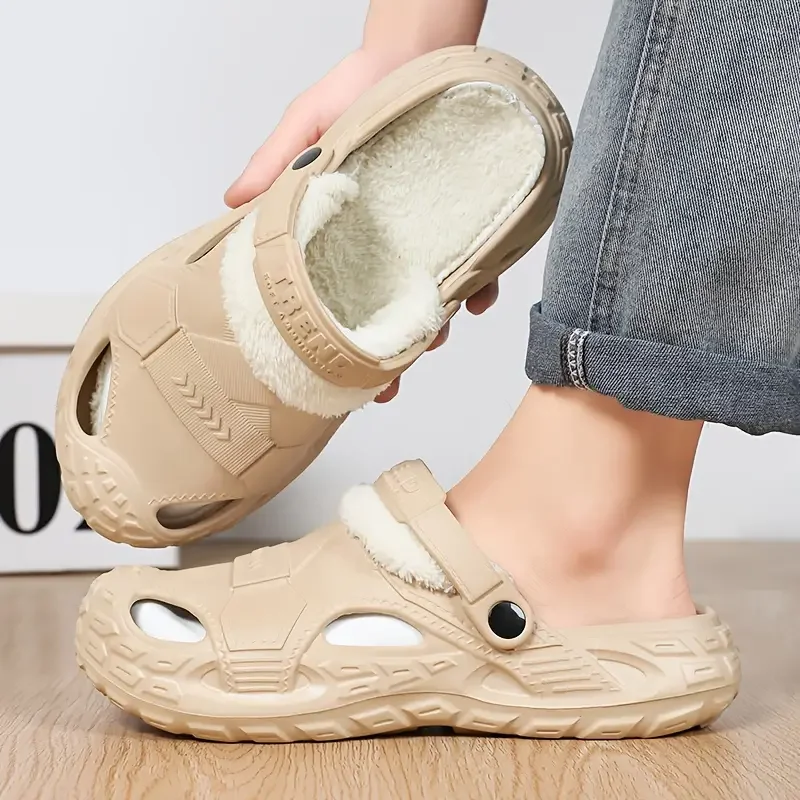 Winter Furry Lined Clog Slippers Removable Strap EVA Thick Sole Warm Plush Indoor Outdoor Cotton Slippers