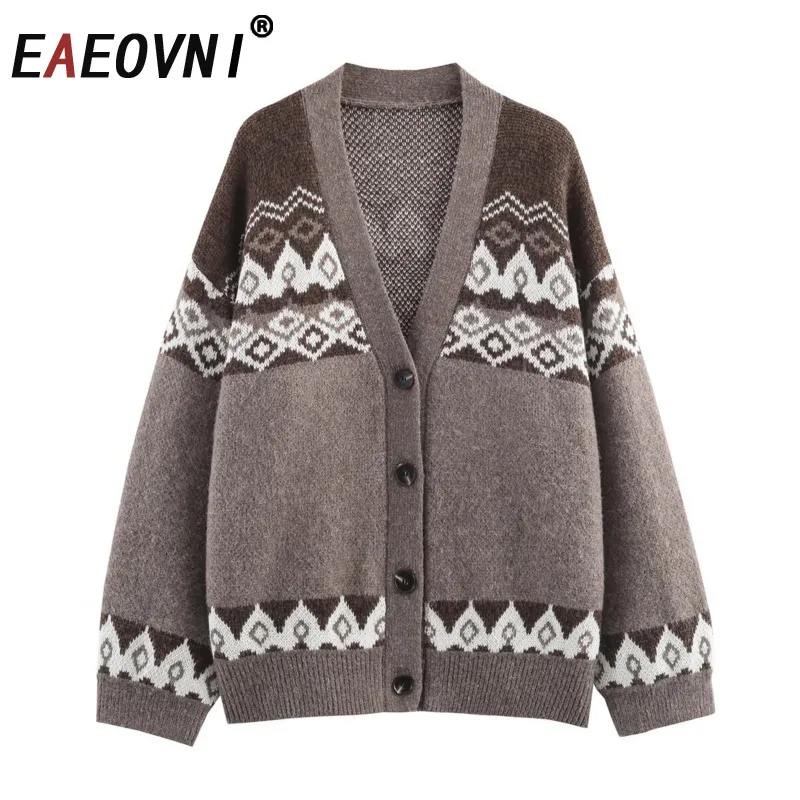 

EAEOVNI Vintage Knitted Cardigan Sweater Women V Neck Contrast Color Desing Button Long Sleeve Coat Fashion Autumn Winter New