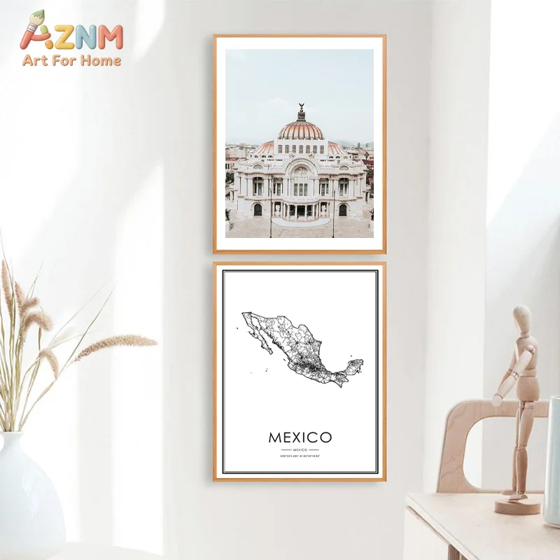 AZNM Boho Mexican City Landscape Canvas Wall Art Neutral Cactus Colonial Architecture Hot Air Balloon Travel Scenery Unframed Ca view 5